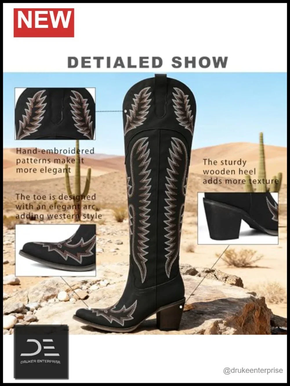 Women's Over the Knee Western Cowgirl Boots Classic Pointed Toe Embroidered